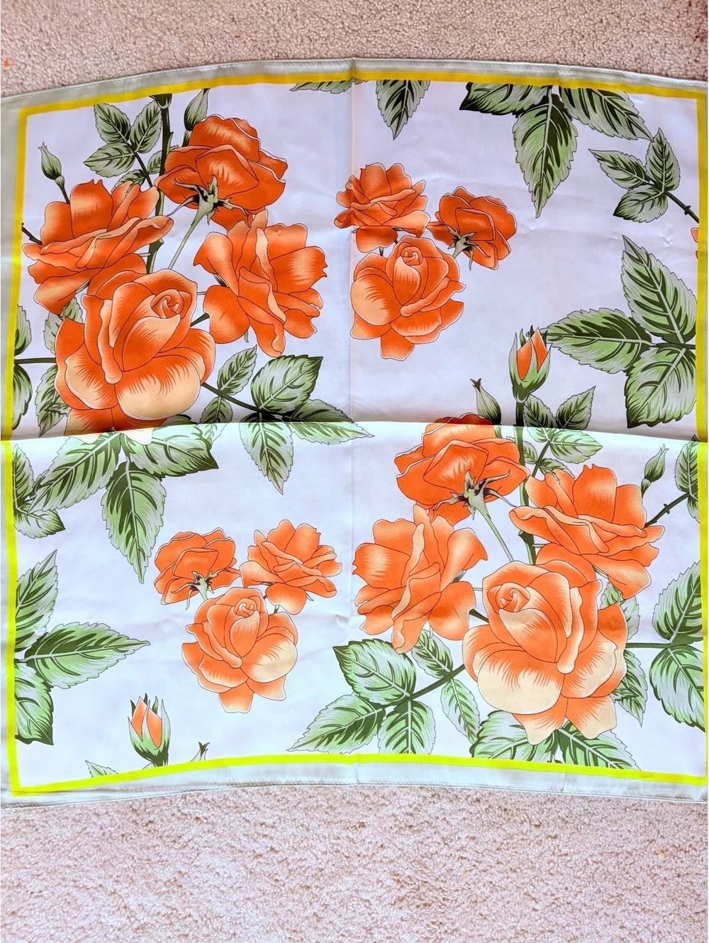 Elegant Floral Orange Rose Print Scarf with Green Leaves and Yellow Border